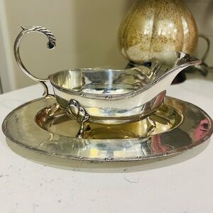 Vintage Silverplate Gravy Boat with Attached Underplate | Ornate Scroll Handle
